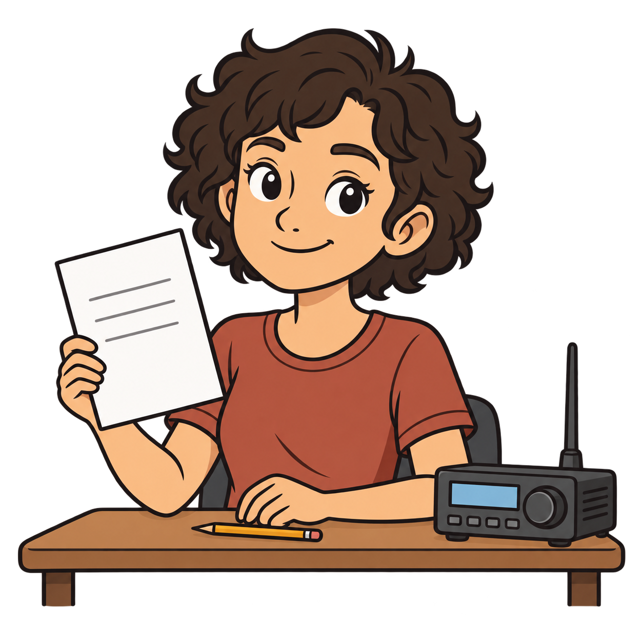 A smiling cartoon exam candidate holds a sheet of paper, with a pencil and a small radio on the desk in front of her.
