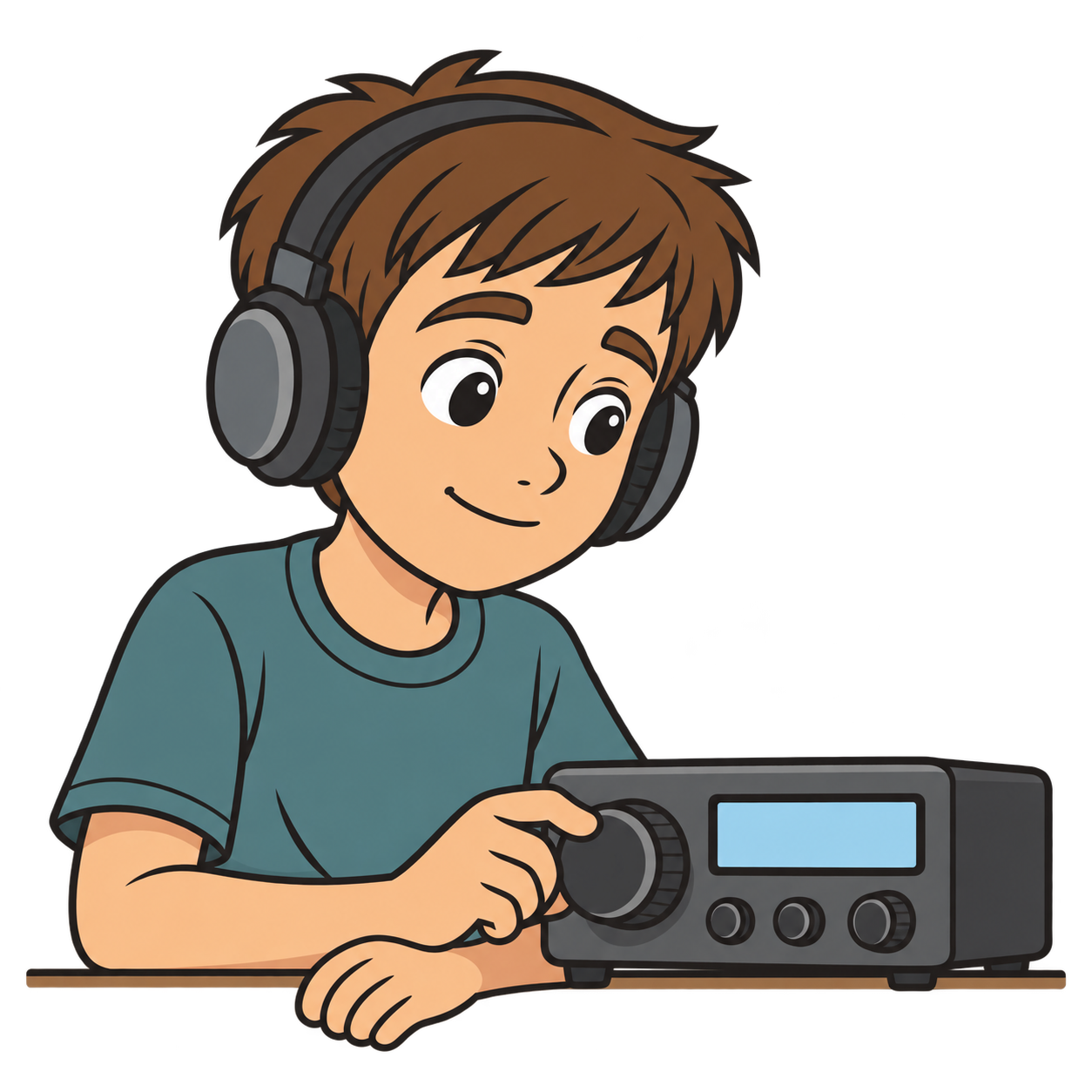 A cartoon operator wearing headphones listens with a small smile while turning the tuning knob on a desktop radio.